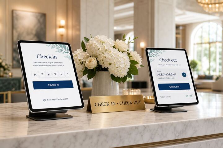 Event desk tablets for guest check-in and check-out