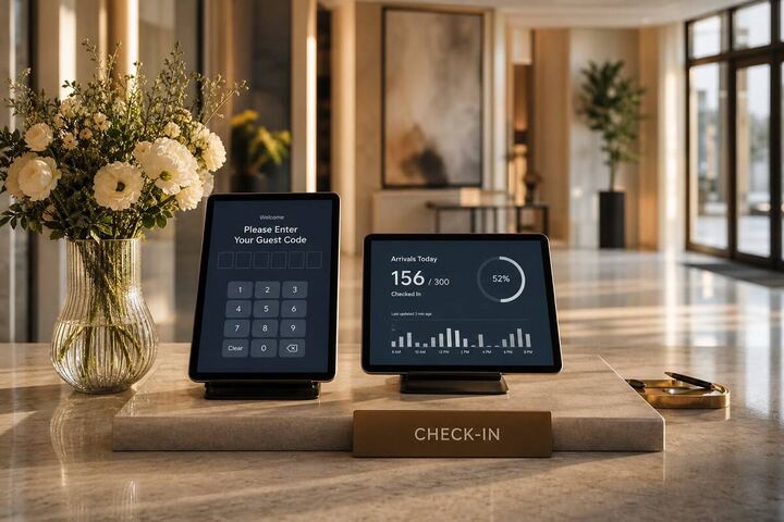 Check-in kiosk with guest code entry and arrivals dashboard
